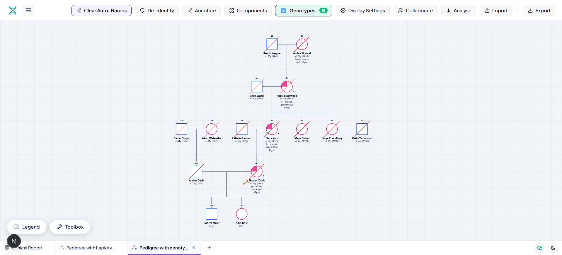 Clinical pedigree chart with Mendelian genotypes and dynamic label backgrounds