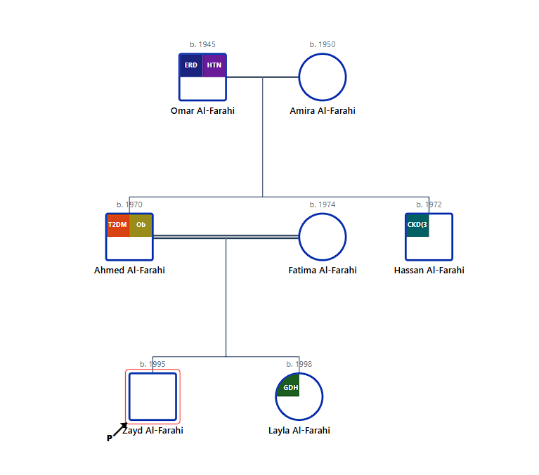Genogram visualizing multi-systemic chronic conditions and consanguinity clusters