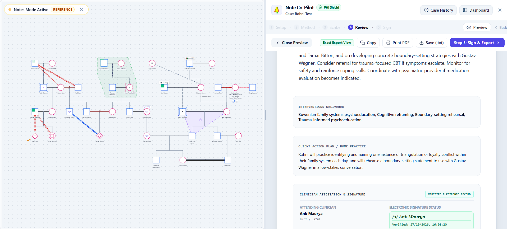 Genogram to therapy notes: digital attestation, legal audit lock, one-click clipboard copy to EHR, and PDF print export