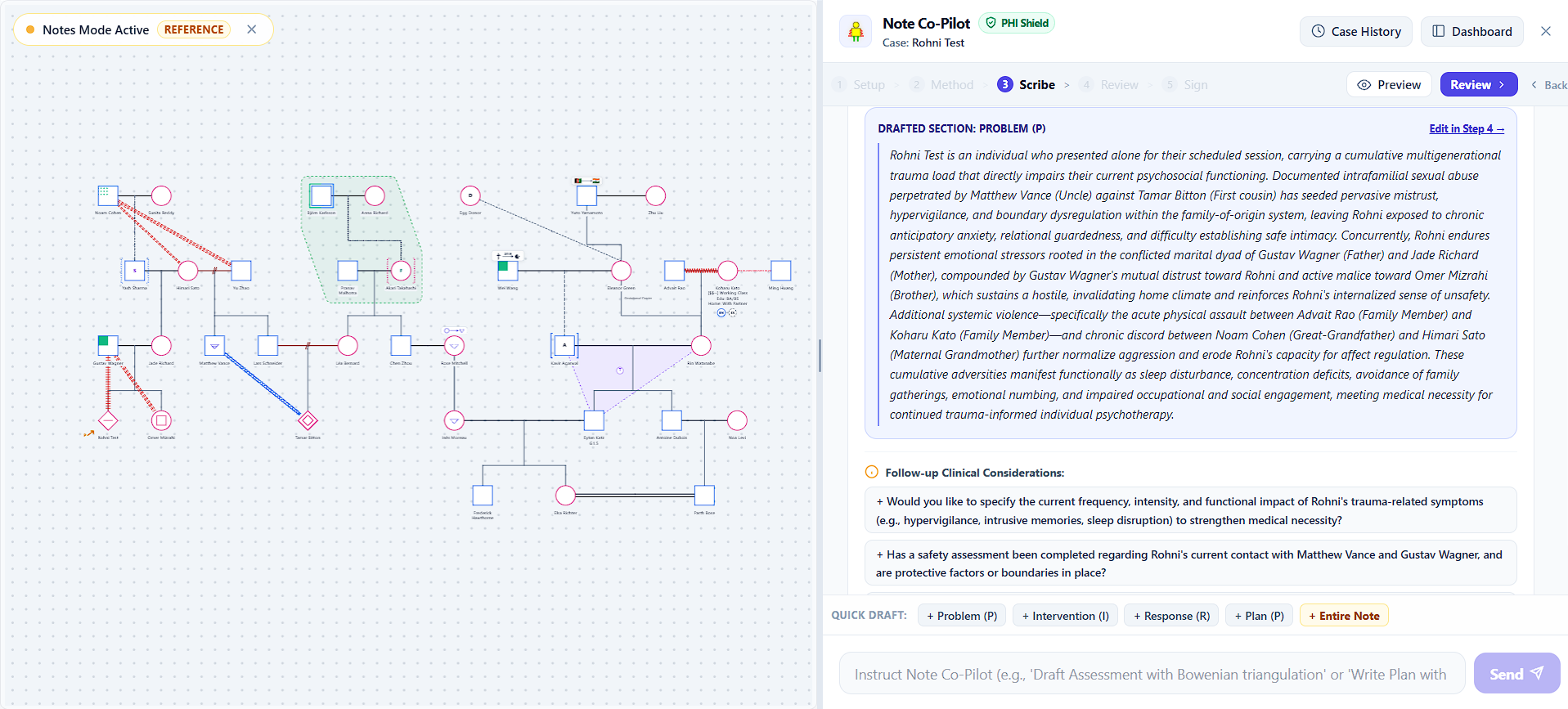 Genogram to SOAP notes: Genosm Note Co-Pilot interactive studio showing diagram to therapy notes generation with live clinical follow-up questions