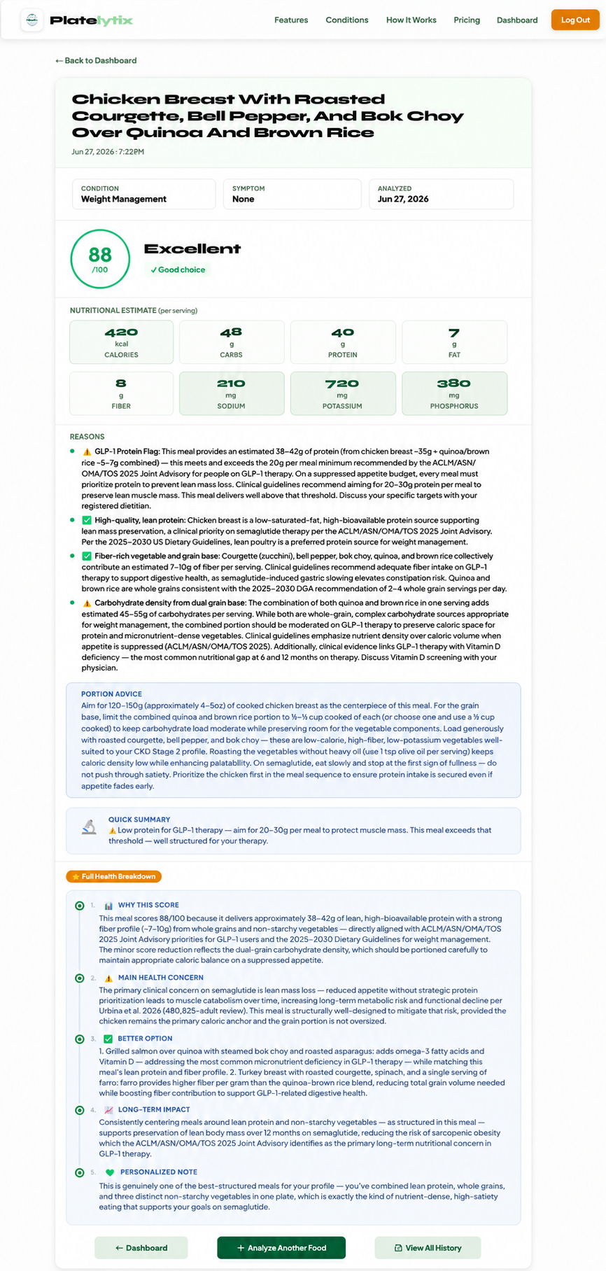 Platelytix meal score of 88/100 Excellent for a weight management user analyzing chicken breast with roasted vegetables and quinoa