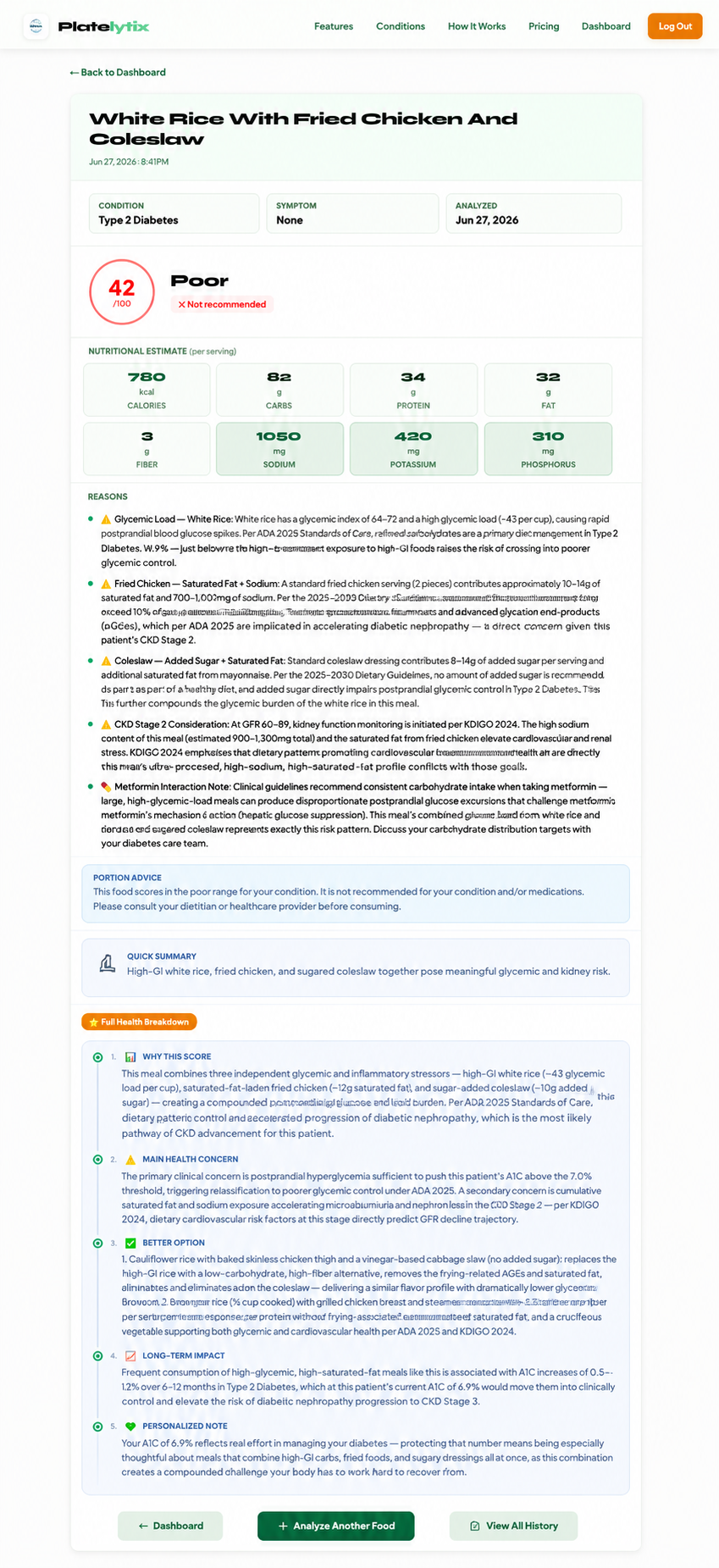 Platelytix meal score for a type 2 diabetes user showing personalized food scoring based on A1C and glucose management goals