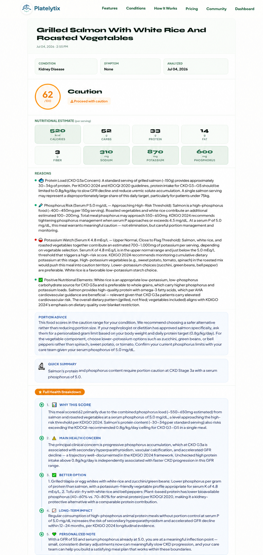 Platelytix meal score of 62 Caution for a CKD Stage 3a patient analyzing the same grilled salmon meal