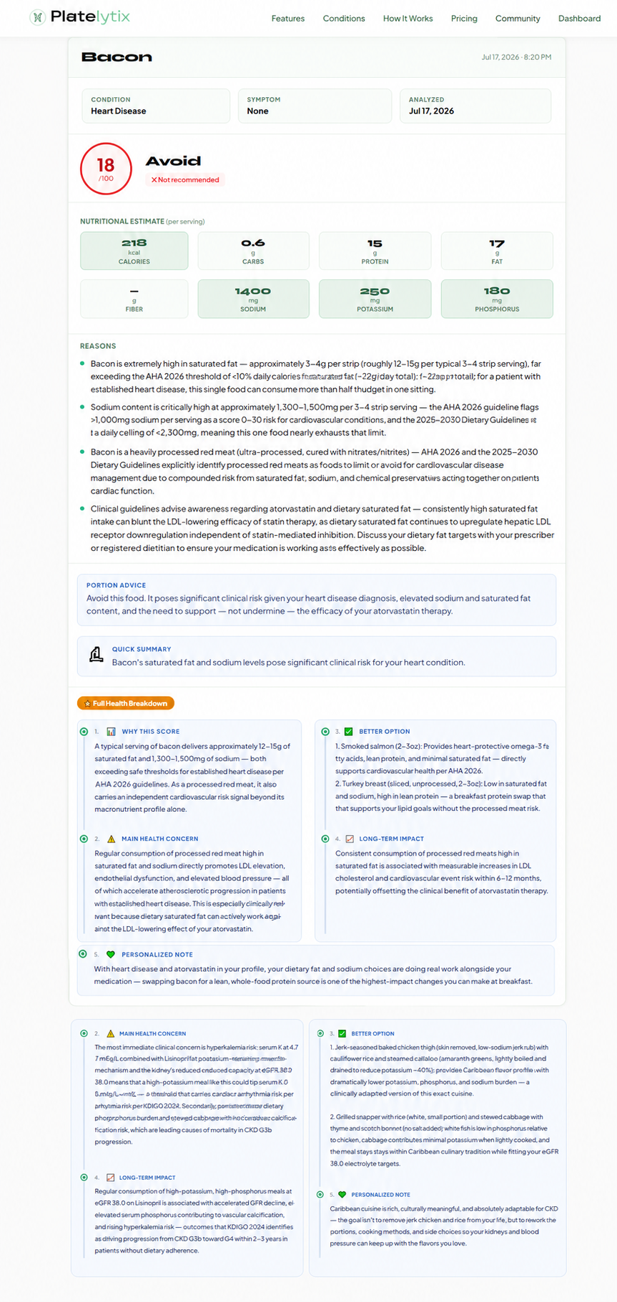 Example Platelytix score for Heart Disease Diet Guide