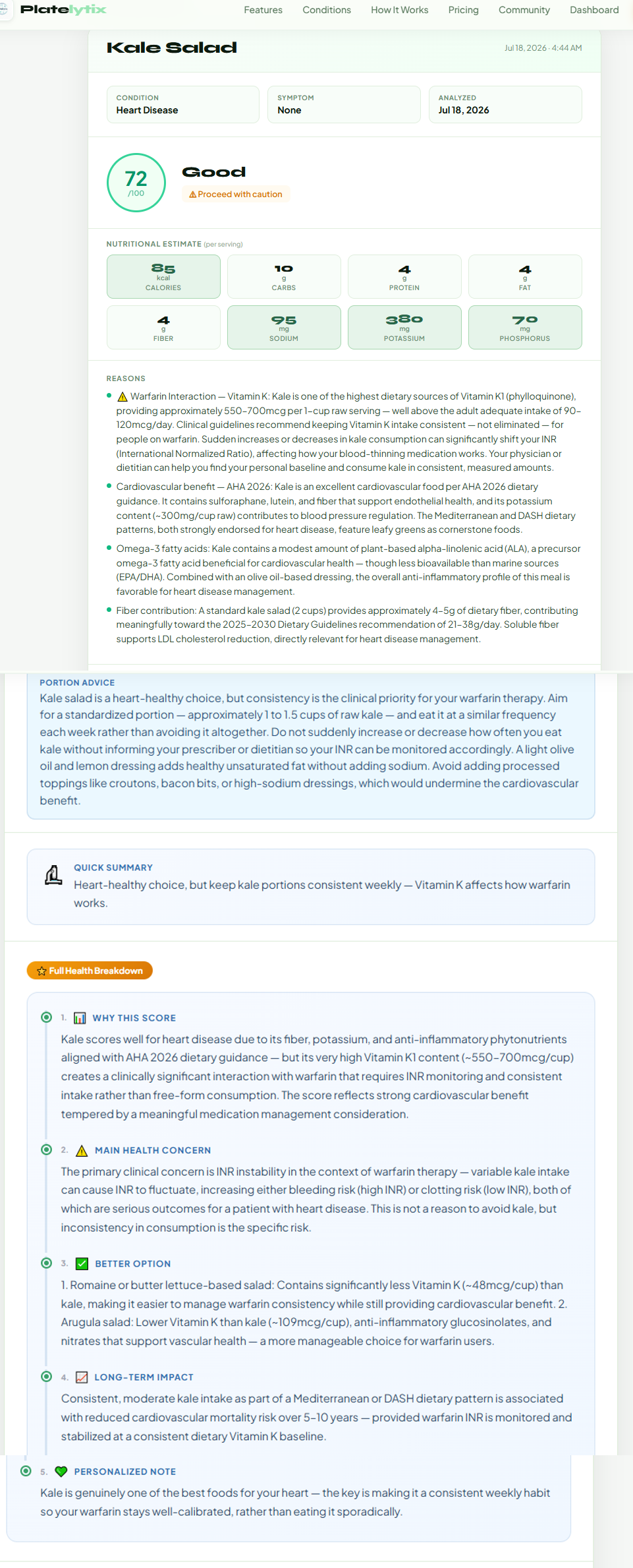 Example Platelytix score for Warfarin and Food Interactions