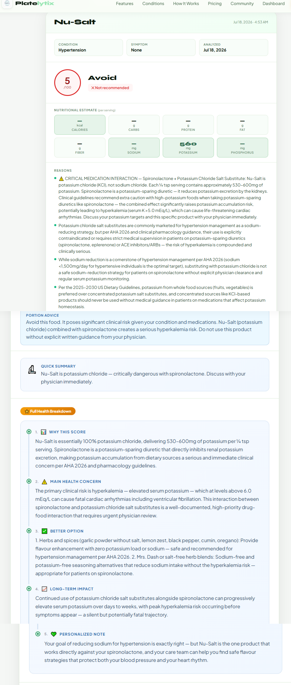 Example Platelytix score for Spironolactone and Food Interactions