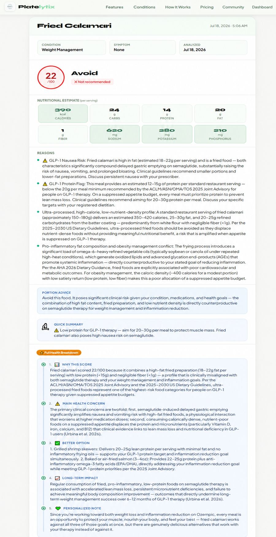 Platelytix meal score screenshot showing GLP-1 medication flags, protein adequacy, and comorbidity scoring