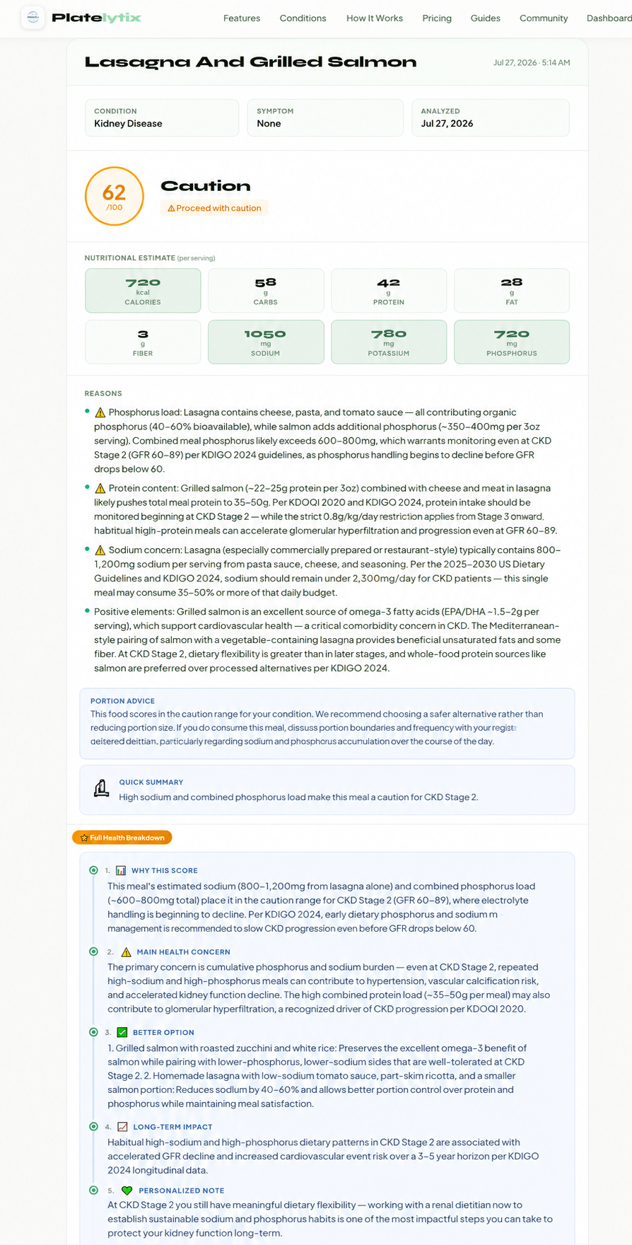 Example Platelytix score for CKD Stage 2 Diet Guide