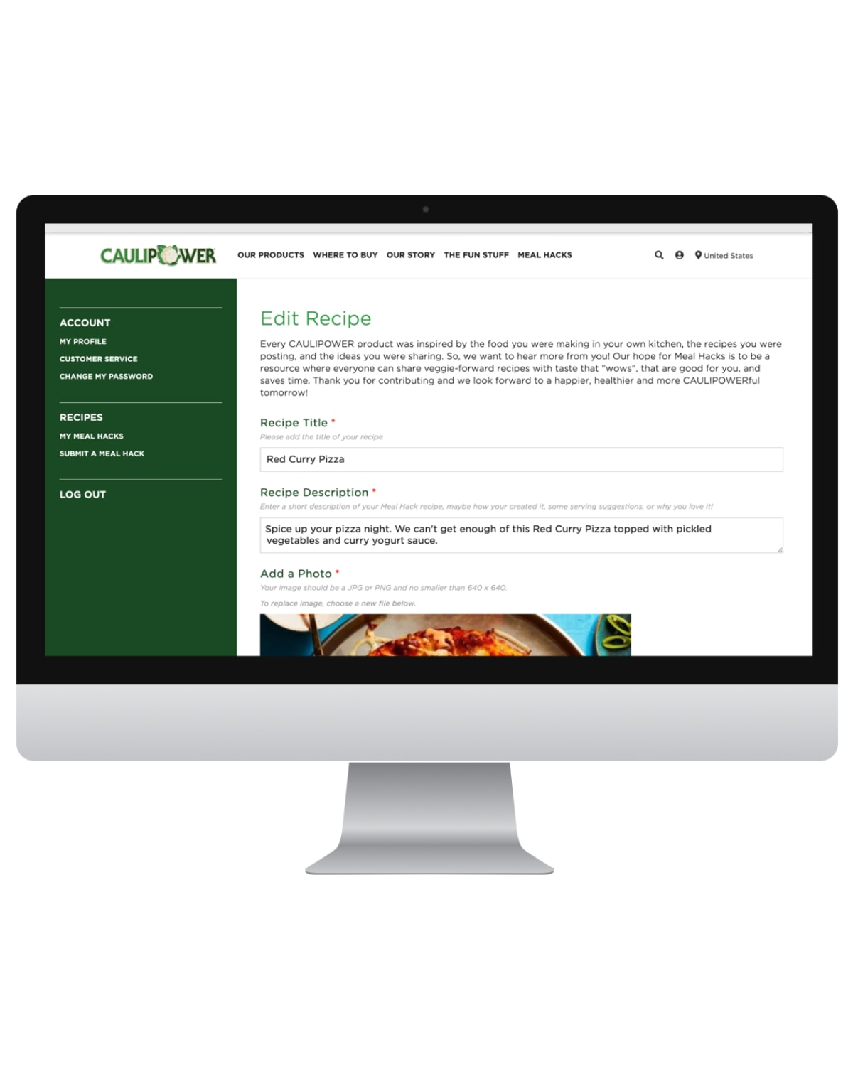 CAULIPOWER my recipes pages on desktop