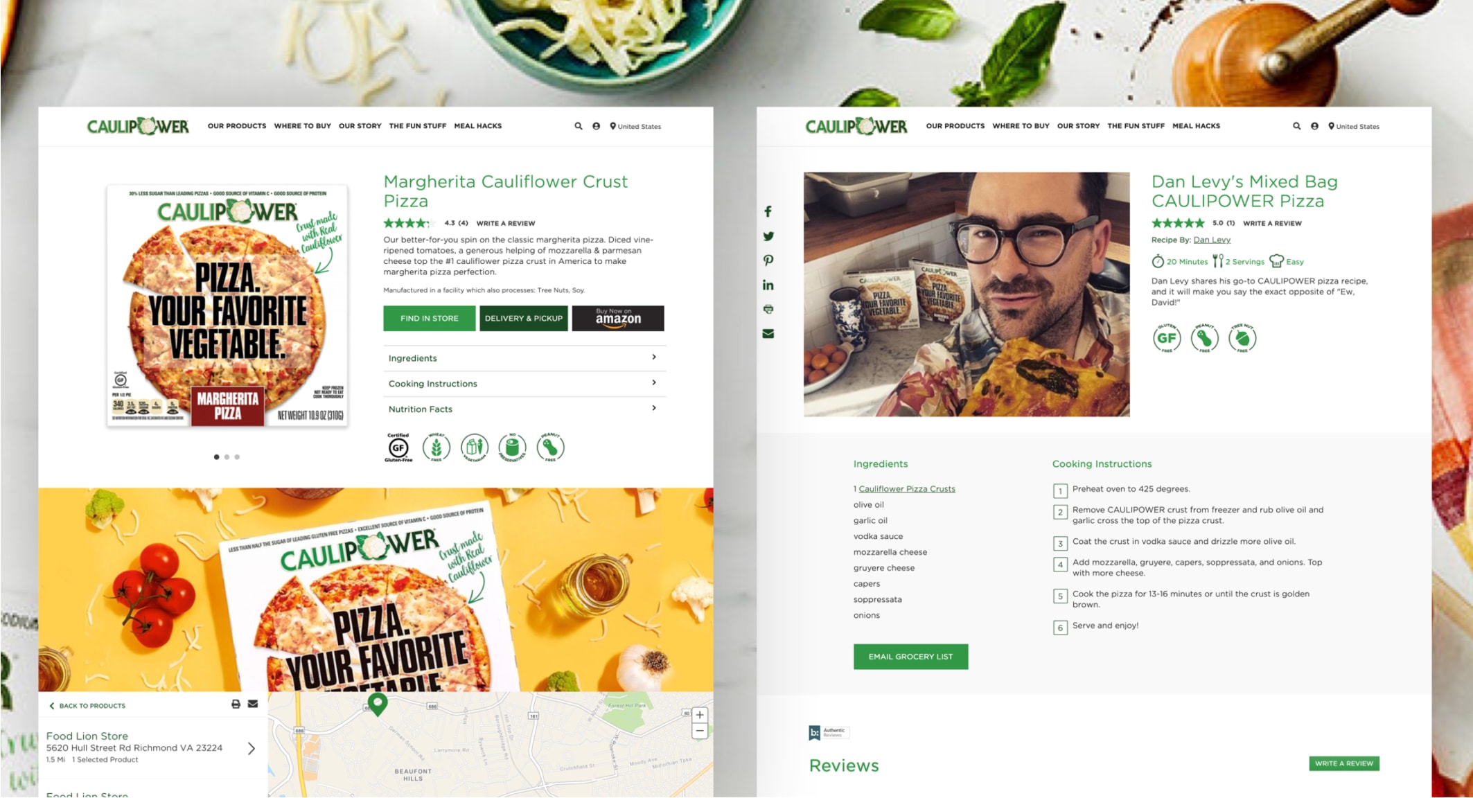 Woman holding phone with CAULIPOWER website