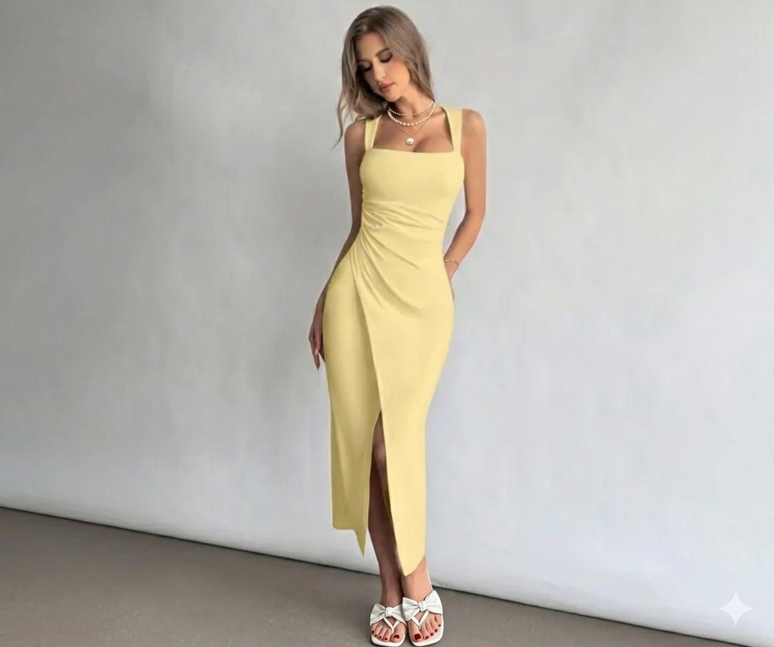 Yellow Bodycon Dress with White Sandals