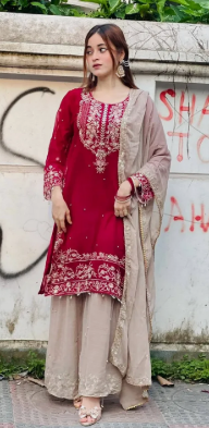Embroidered Kurta, Palazzo & Dupatta Set