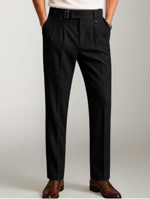 Men Black Pleated Tapered Trousers