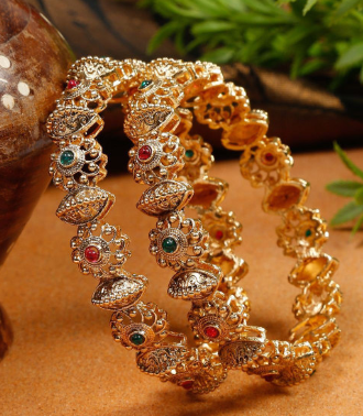 Set Of 2 Gold Plated Stone-Studded Bangles