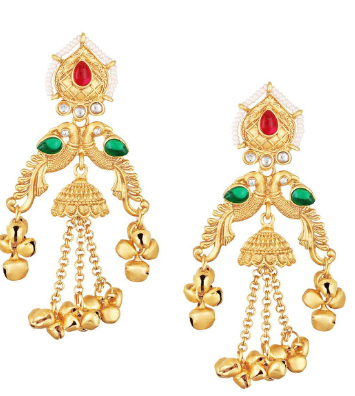 Gold Peacock Design Ghungroo Kashmiri Drop Earrings