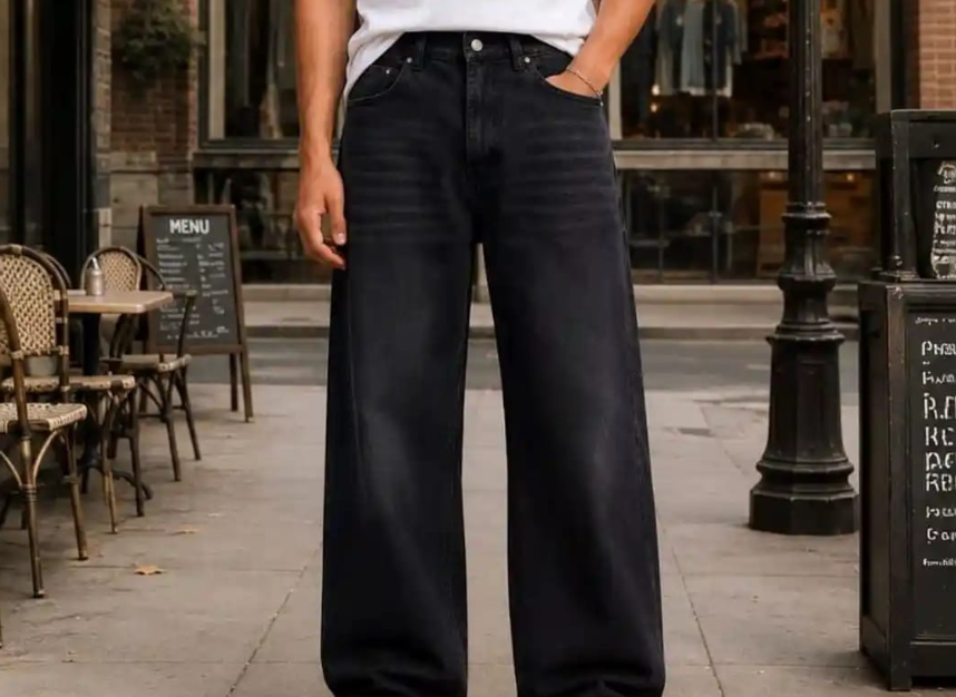 Men Black Washed Distressed Wide-Leg Jeans
