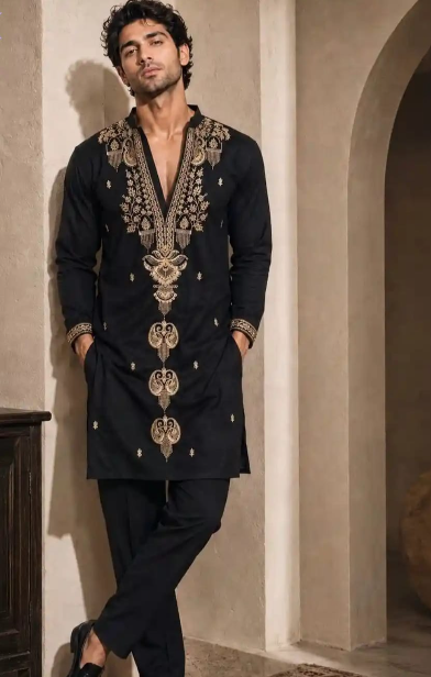Men Black Straight Fit Kurta set