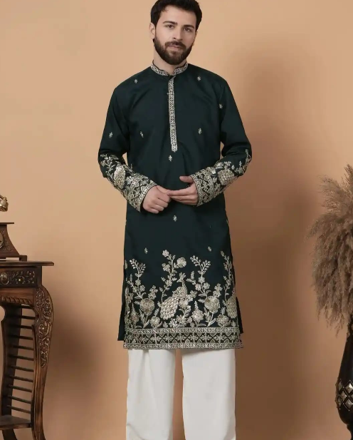 Men Bottle Green Gold-Embroidered Straight Kurta set
