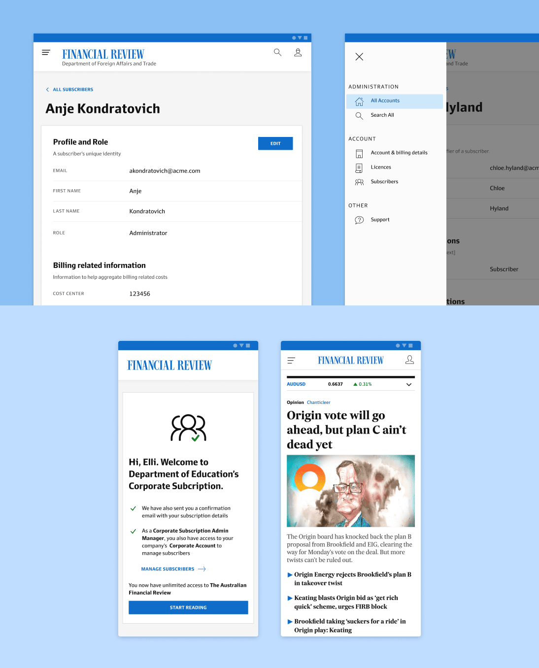 three screens of a web page with a blue backgrounds showing a user profile and role list and a welcome screen upon login