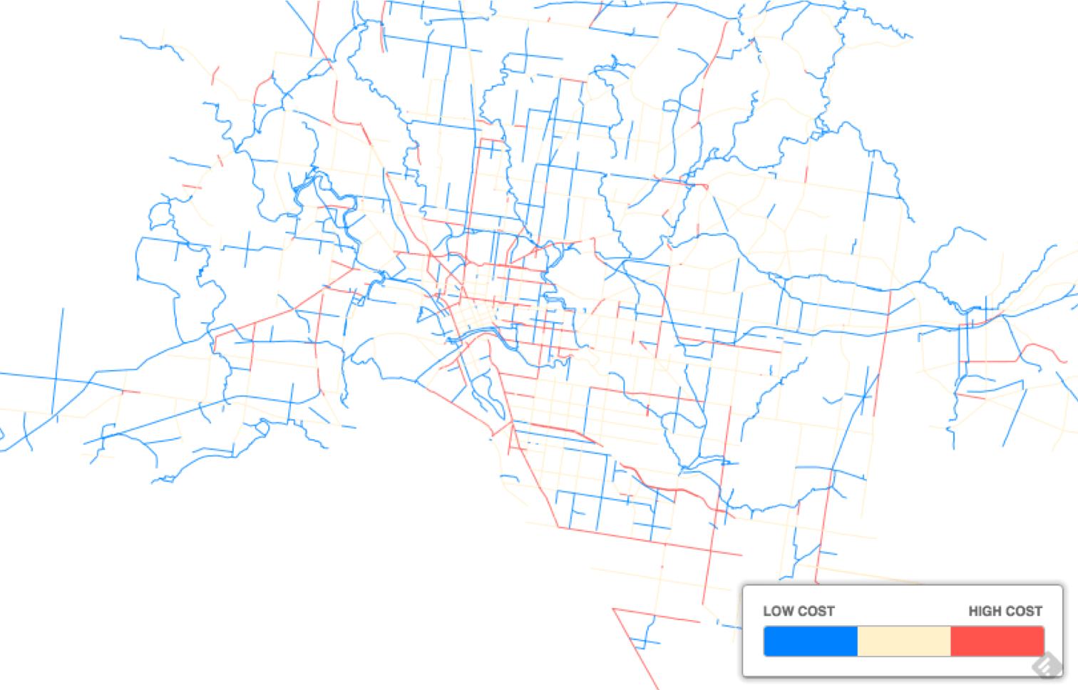 a map of the city of new york with a red line in the middle of the map and a blue line in the middle of the map