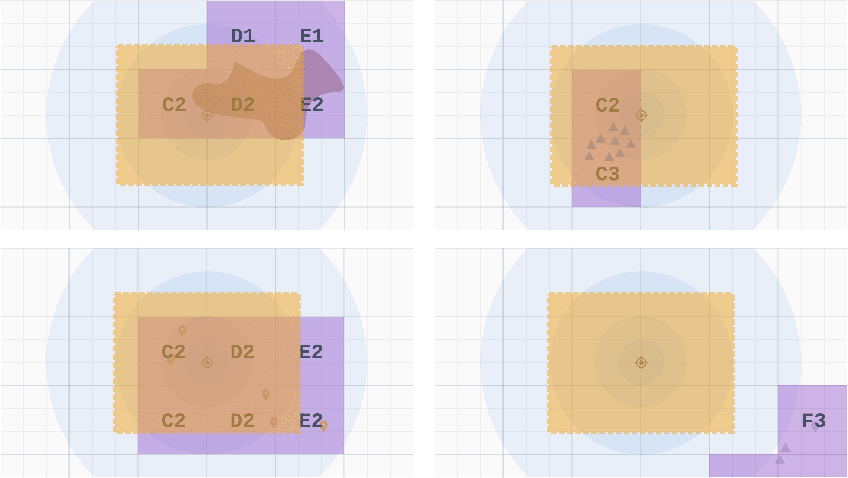 four squares of different shapes and sizes with different numbers on each side of the squares, each with a different number of dots on each side of the squares