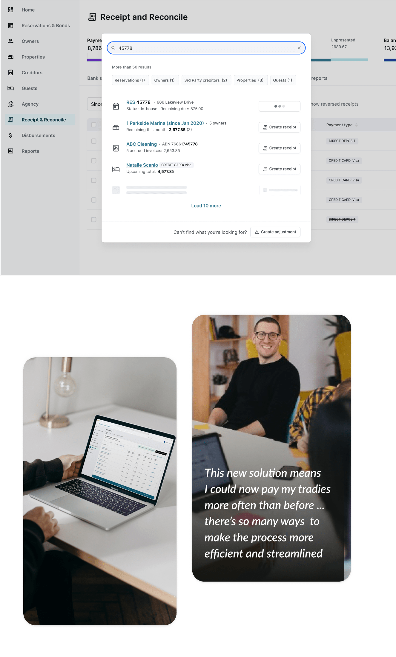 screenshots of Receipting and interviews