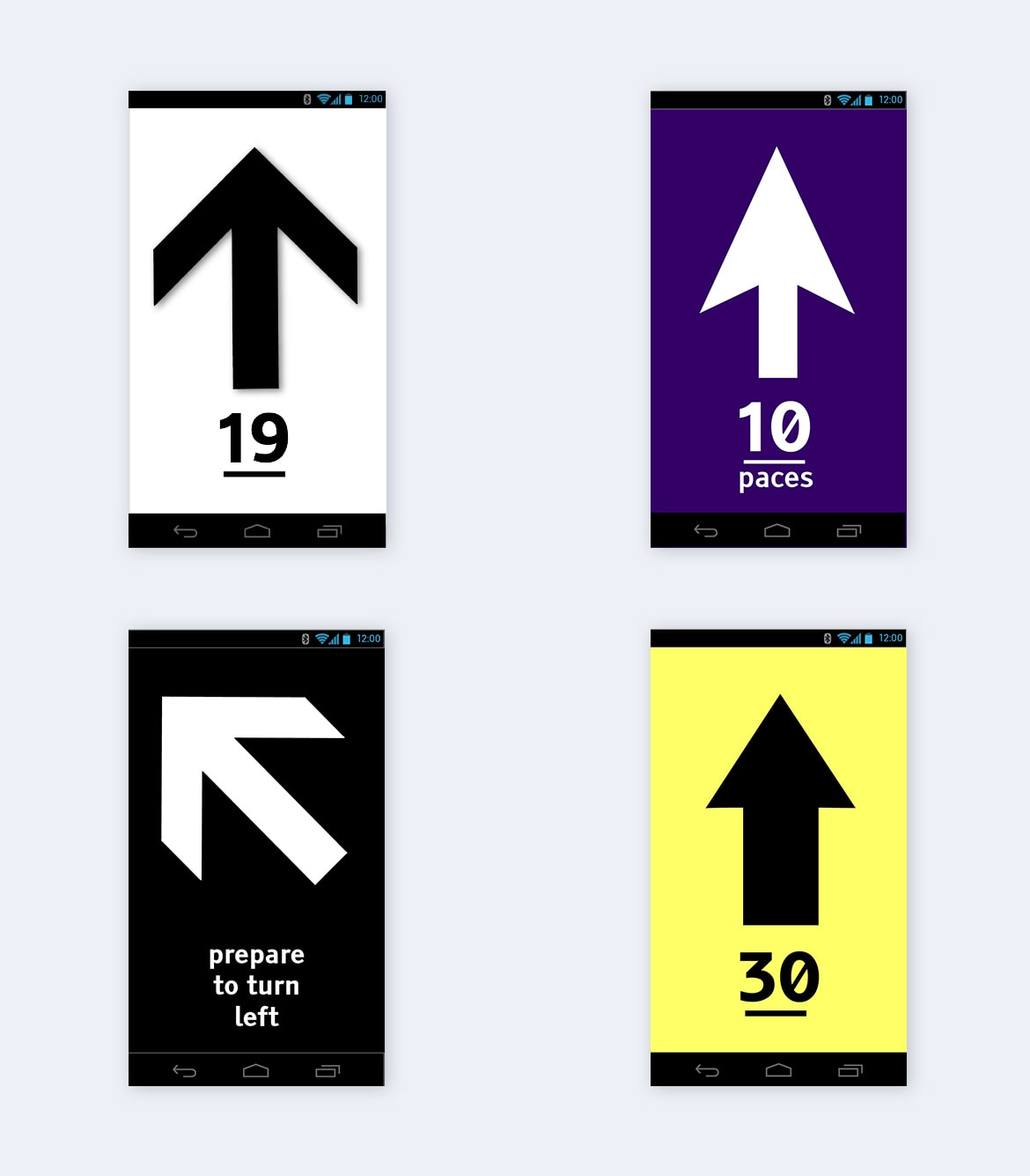 a set of four road signs with arrows pointing in different directions and the number of the signs below them