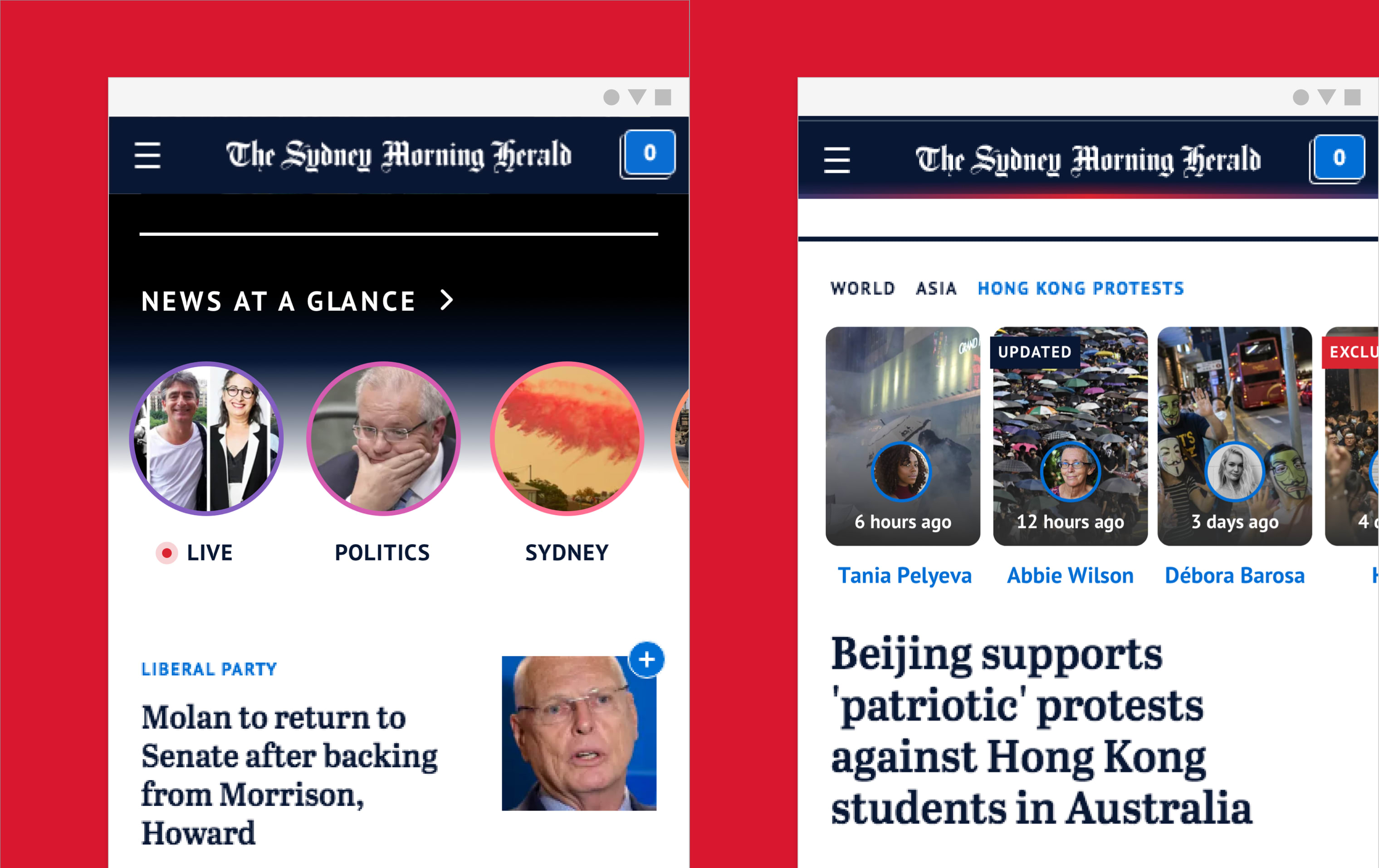 a couple of screens showing news on a cell phone and a web page on a cell phone with pictures of people on it