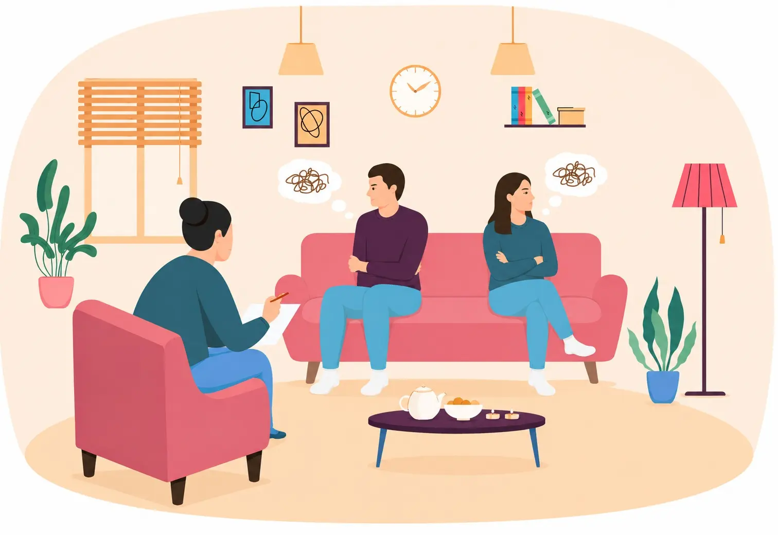Illustration of a mental health counsellor helping a stressed girl