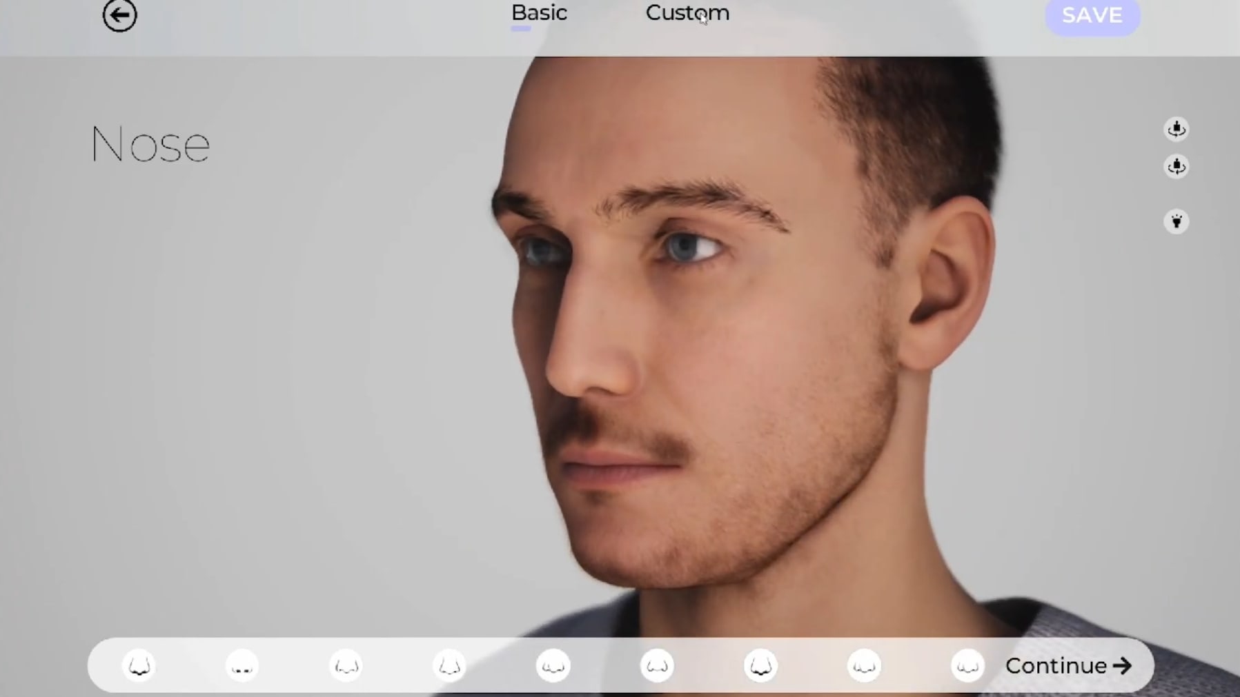 Customization panel showing nose selection grid with nine nose styles and a nose morph section at the top.