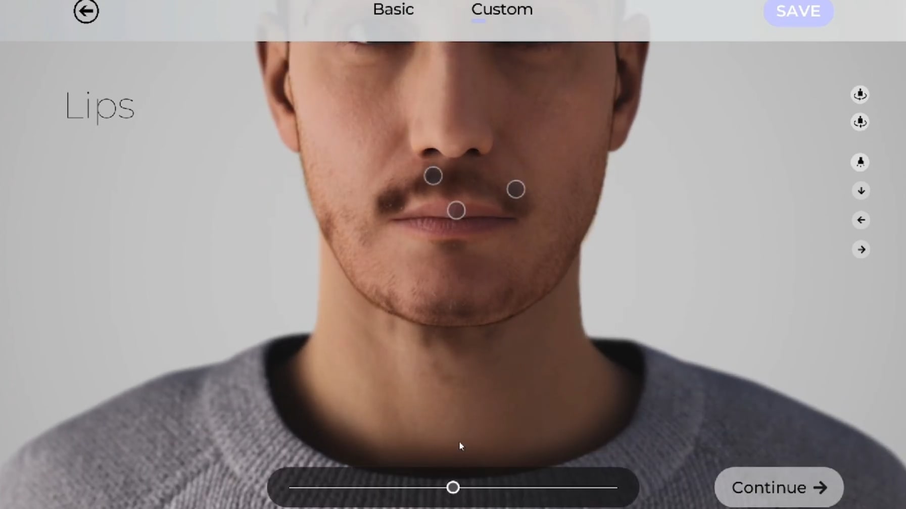 Customization panel showing lip morph sliders mid-drag on a male premade.