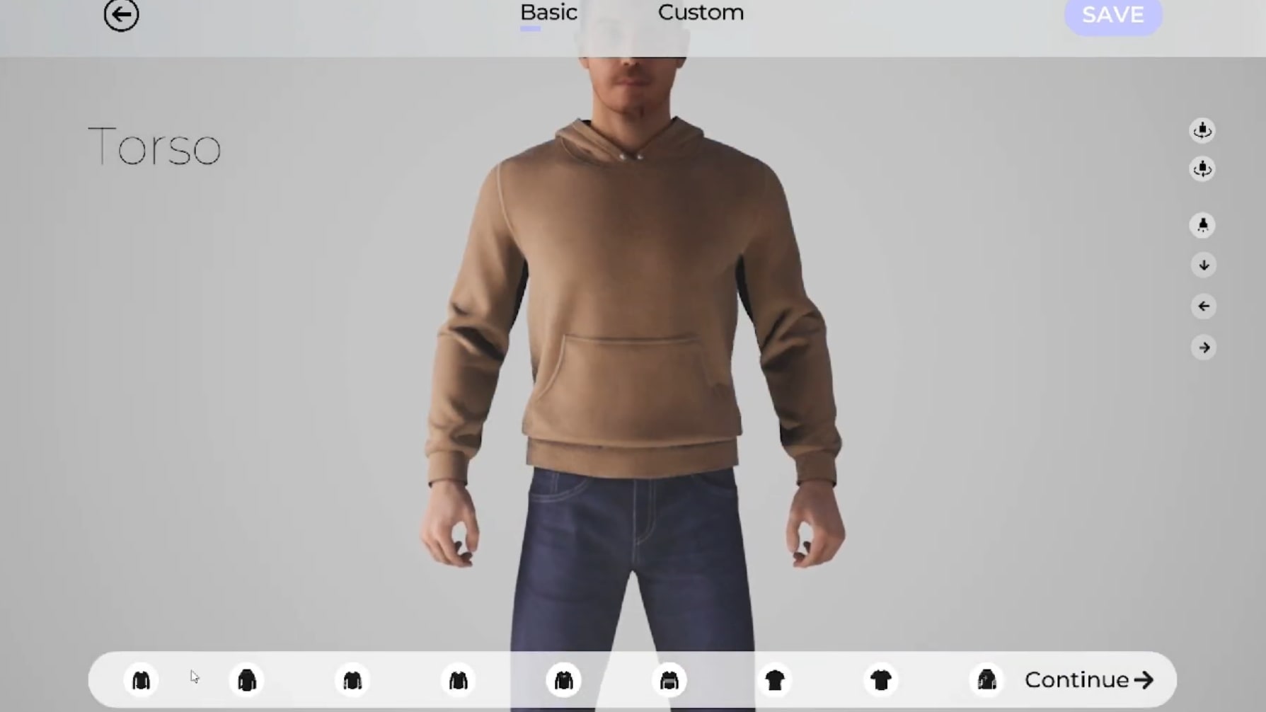 Customization panel showing torso selection grid with nine upper clothing styles and a color picker at the top.