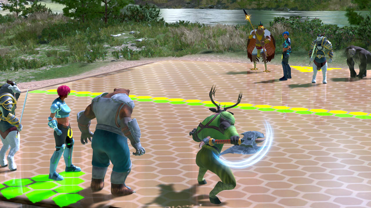 A scene showing 8 character gearing up to a fight on the opposite sides of the arena.