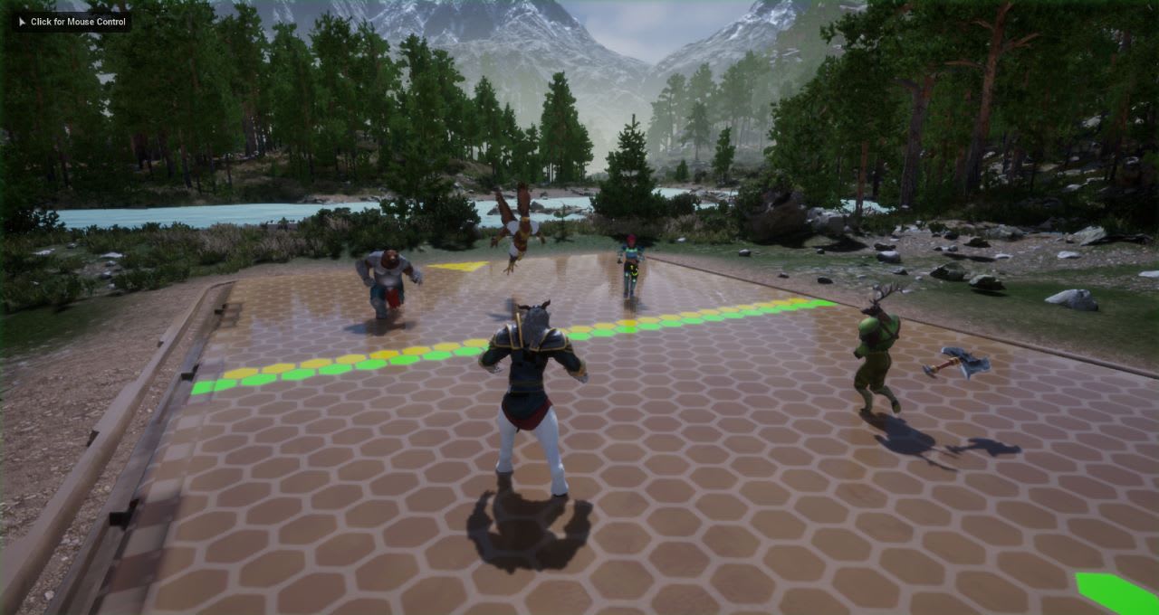 A scene showing a team of 3 and a team of 2 characters running towards each other to fight.