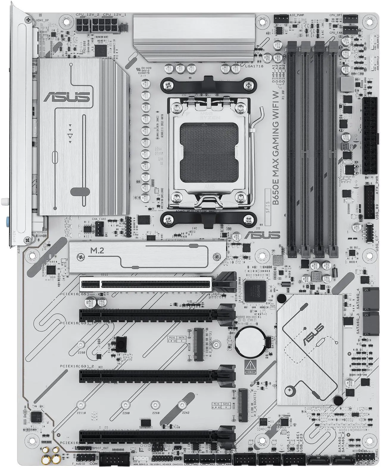 ASUS B850 MAX GAMING WIFI W - AMD AM5 ATX Motherboard, White PCB, DDR5, PCIe 5.0 Ready, 3x M.2, Wi-Fi 6E, 2.5Gb LAN, USB 10Gbps Type-C, DisplayPort, HDMI, BIOS FlashBack, Aura Sync, ASUS AI Advisor