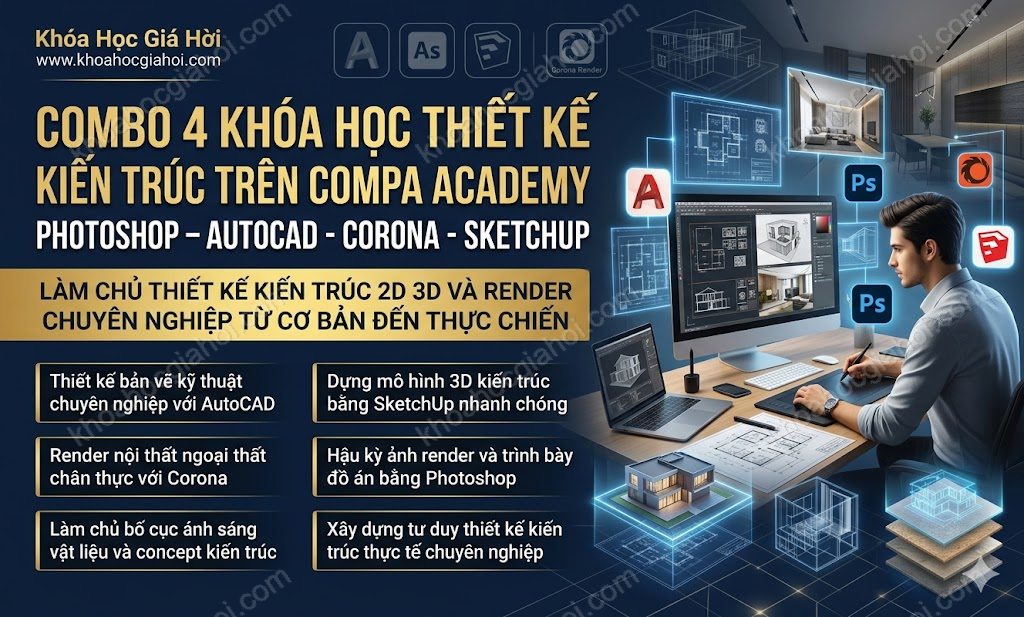 Combo 4 Khóa Học Thiết Kế Kiến Trúc Trên Compa Academy: Photoshop – Autocad – Corona – Sketchup