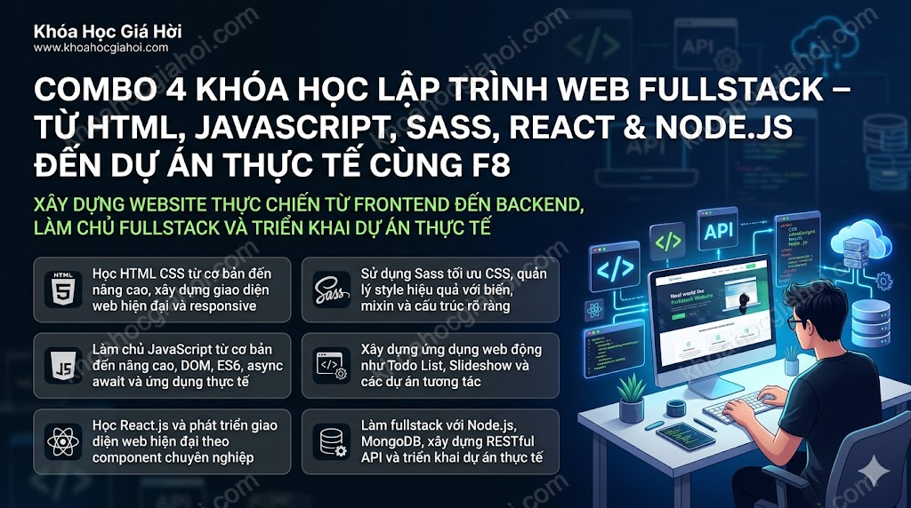 Combo 4 Khóa Học Lập Trình Web Fullstack – Từ Html, Javascript, Sass, React & Node.js Đến Dự Án Thực Tế Cùng F8