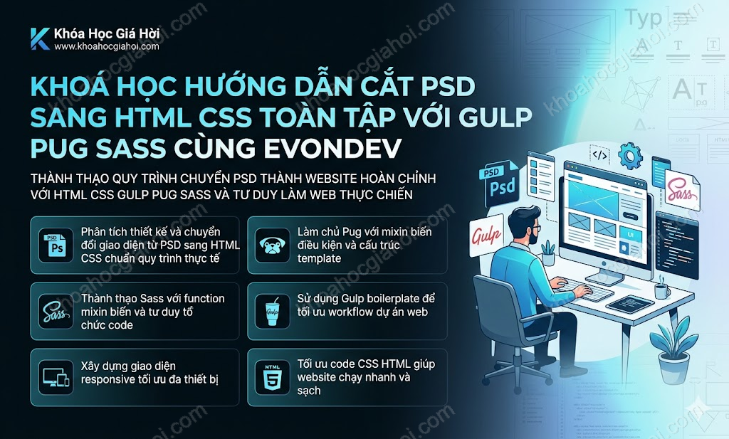 Khoá Học Hướng Dẫn Cắt Psd Sang Html Css Toàn Tập Với Gulp, Pug, Sass Cùng Evondev