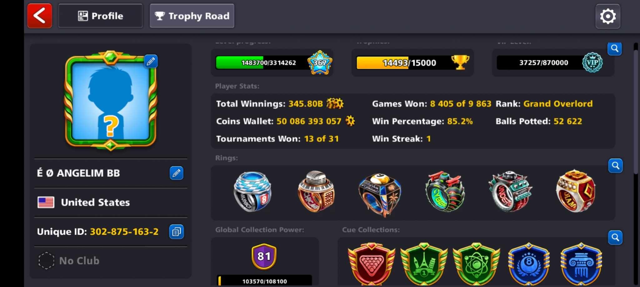 (IOS/Android/Miniclip/Facebook) 8 Ball Pool Account – 30 Billion Coins 300cash 70 CCP VIP Diamond 8 event cue max 20 LEGENDARY CUES Password unlimited time change possible