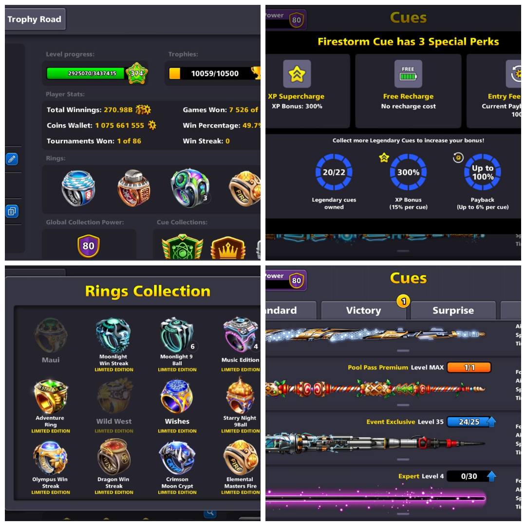 (IOS/Android/Miniclip/Facebook) 8 Ball Pool Account – 80 CCP 2BILLION COINS 10 LE RINGS MAX CASH 520 LEVEL 8 EVENT CUE MAX 1Cash : 1470  VIP DIAMOND 20/20 LEGENDARY OPEN FACEBOOK LINKED Account