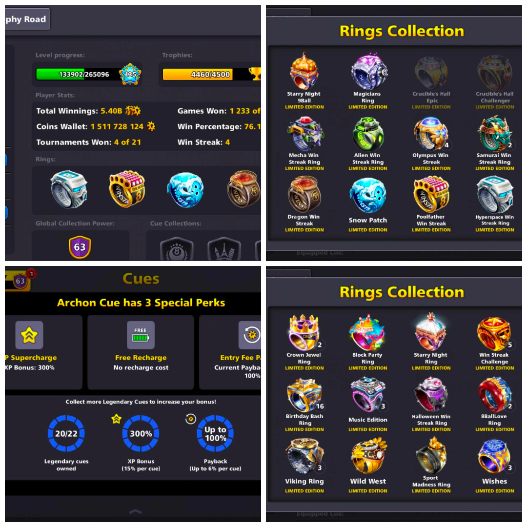 (IOS/Android/Miniclip/Facebook) 8 Ball Pool Account – 63 CCP 2BILLION  COINS  10 LE RINGS MAX CASH 220 LEVEL 4 EVENT CUE MAX 1Cash : 500  VIP DIAMOND 20/20 LEGENDARY OPEN FACEBOOK LINK POSSIBLE