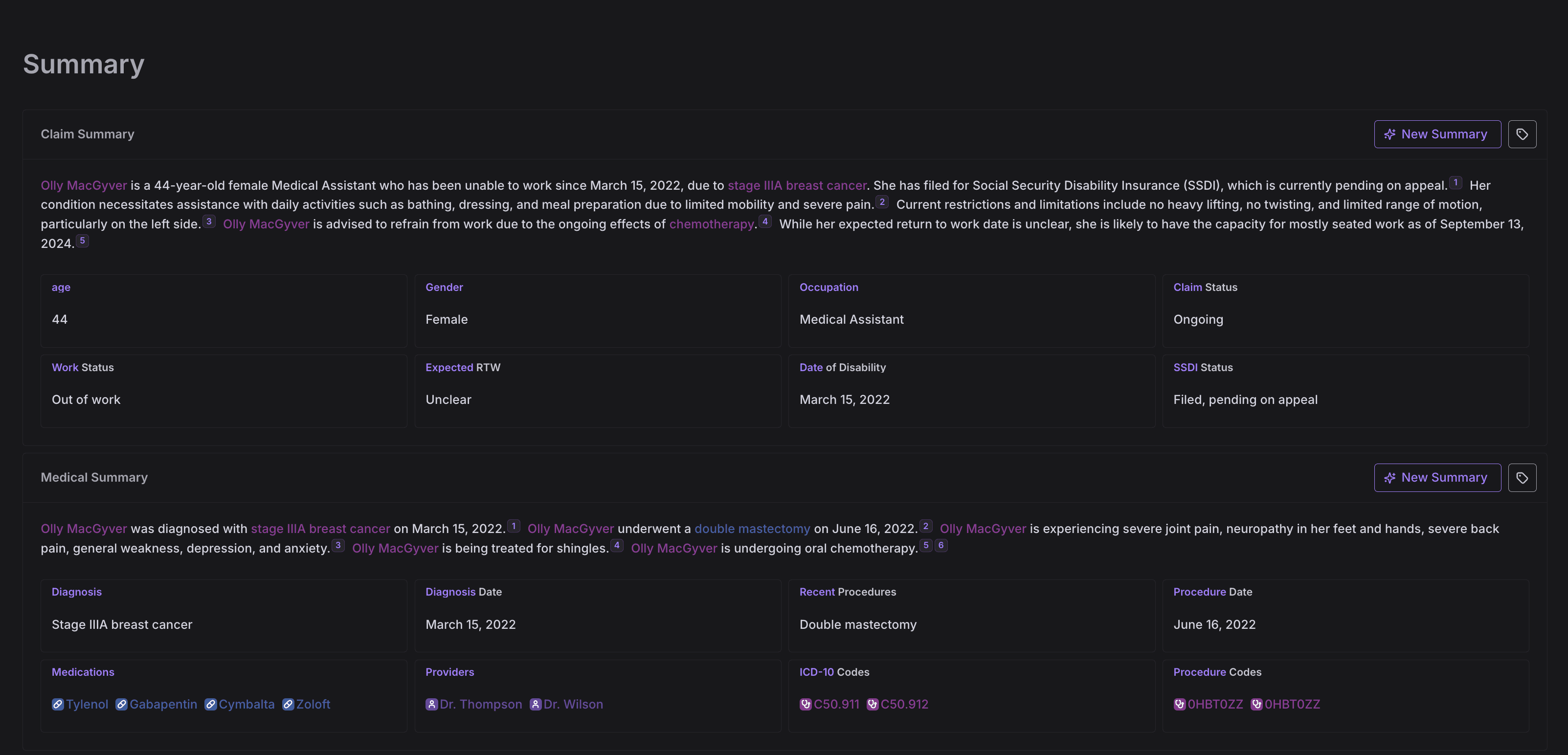 Example screenshot of an AI medical-record summary for insurance claims.