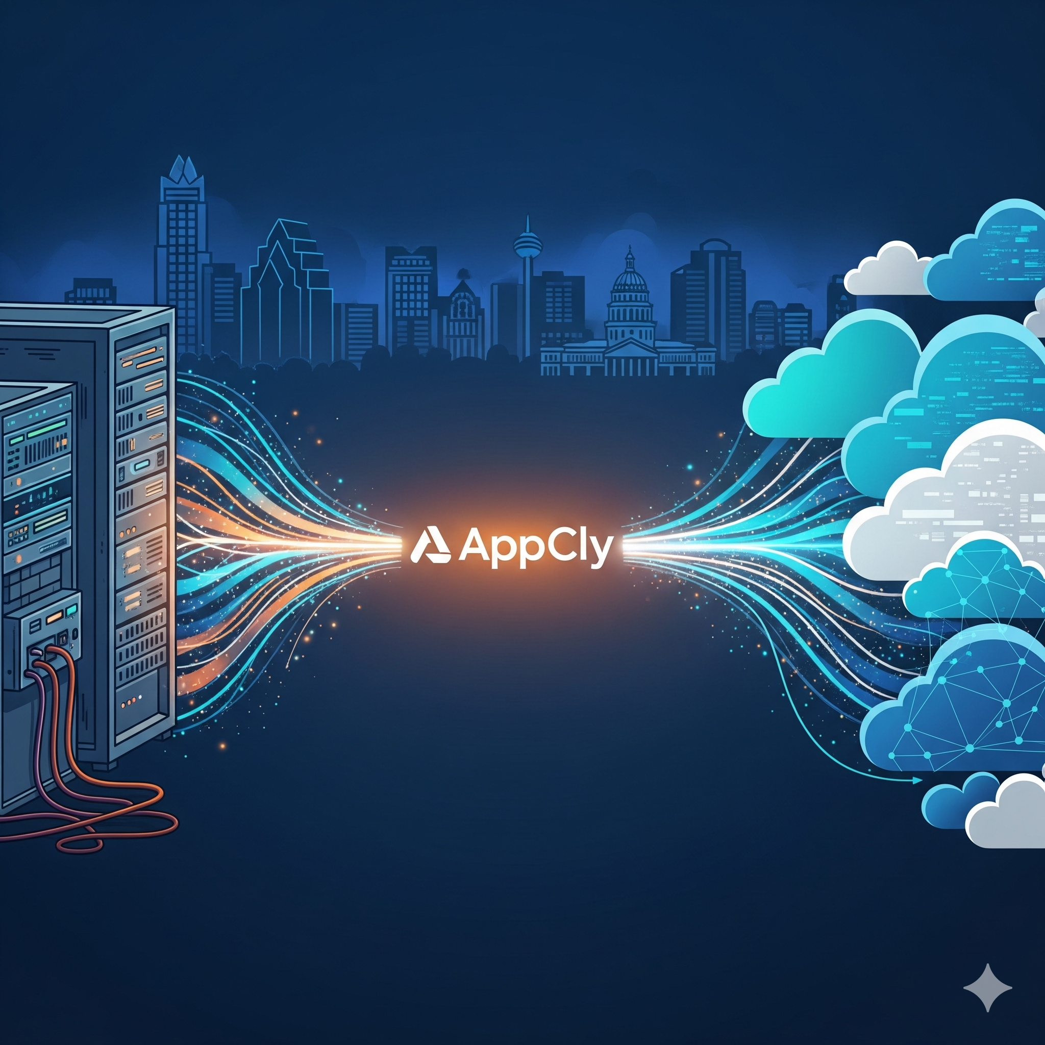 data moving from a physical server to a cloud icon