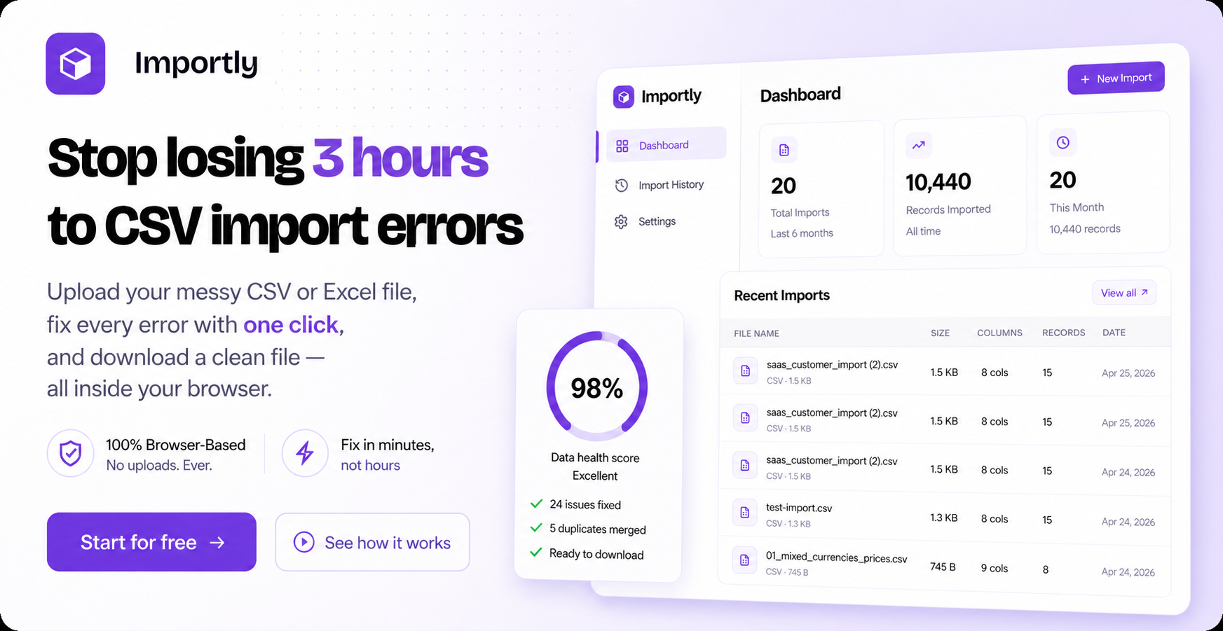 Importly — Stop Losing 3 Hours to CSV Import Errors