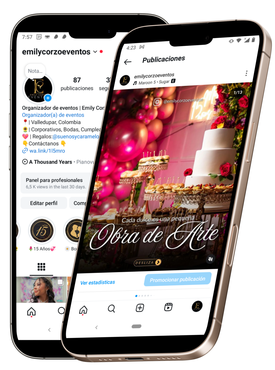 Mockup de Instagram y catálogo visual para Emily Corzo Eventos