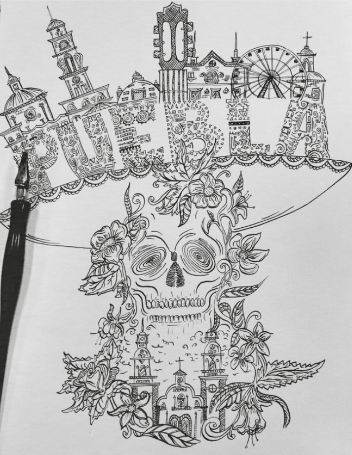 Versión inicial del trazo de la ilustración inspirada en Puebla