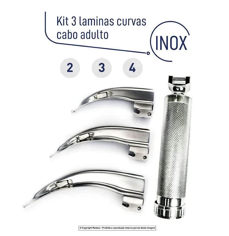 UN LARINGOSCAPIO ADULTO COM 03 LAMINAS CURVAS (2,3,4)