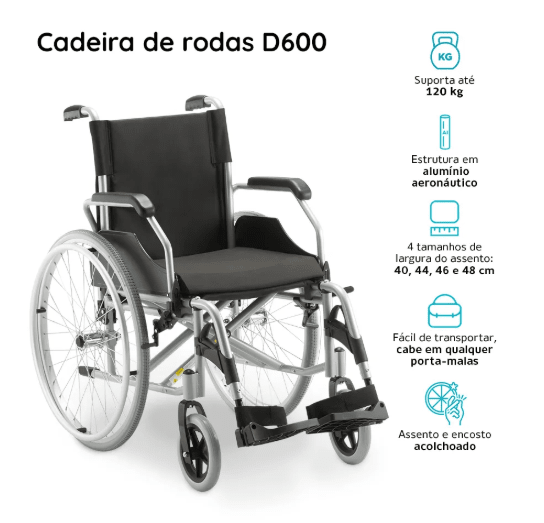 Cadeira de Rodas em Alumínio Dobrável até 120 Kg D600 Dellamed