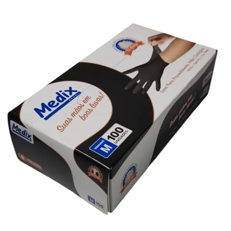 LUVA NITRILICA S/PO PRETA TAM M 100UN - MEDIX