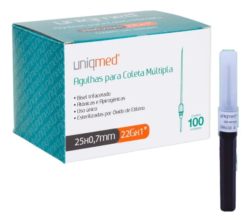 AGULHA COLETA SANGUE VACUO MULTIPLA 25X0,7 22G 100UN - UNIQMED